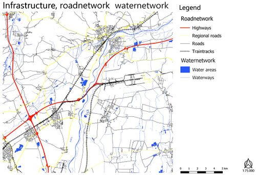 Road and waternetwork for the whole plan area.