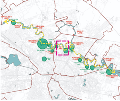The route of the pedestrian and cycle path along the main Green-Blue Axis of Bucharest