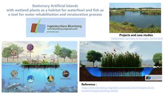 As we presented in the beginning that we have two main goals which are social and nature. The social goal is achieved by adding these recreational zones and for the natural one we searched for how to transform the artificial lakes to be more natural and we found that method is so close to our case. This method is called Artificial floating Islands in the middle of the lakes where wetland plants are growing as a habitat for waterfowl and fish as a tool for water rehabilitation and naturalization process.This method will be applied only on in the western lakes where the excavation work was stopped to avoid any conflicts with the excavation work.This method is published by the (Ingenieur buro Bloomberg) and they applied this Artificial Floating Islands in two projects in Germany and Switzerland